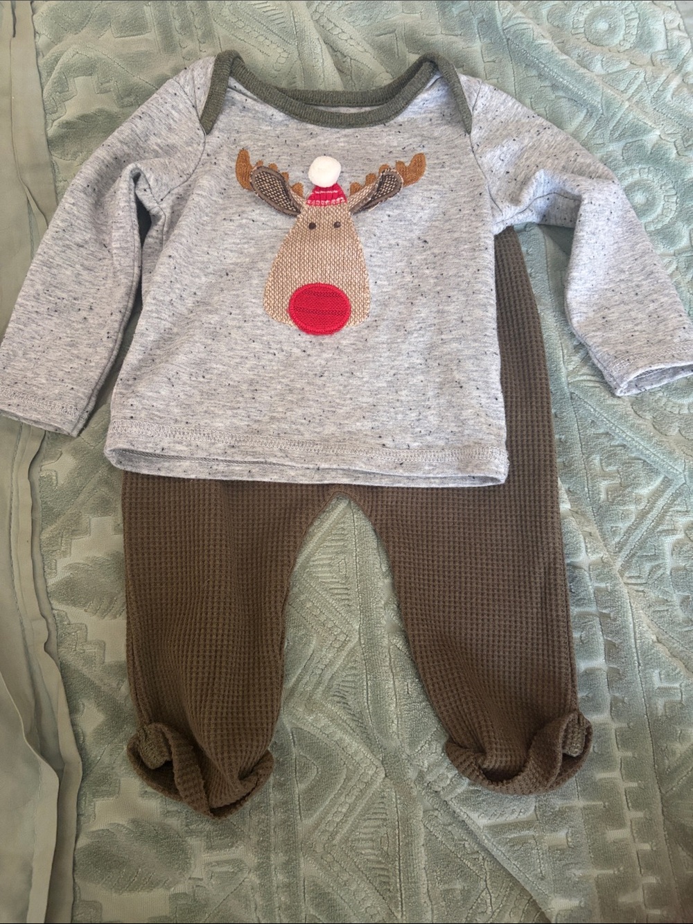 Mud Pie Gray Top and Brown Reindeer Pajama Set with Red Nose